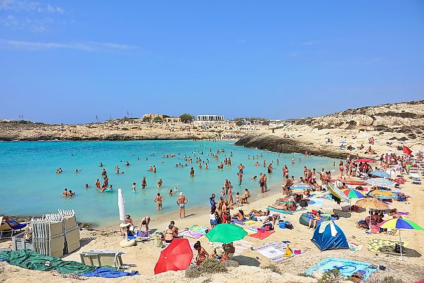 View of the coast of Lampedusa island, a paradise for yachts and swimmers, in Italy.