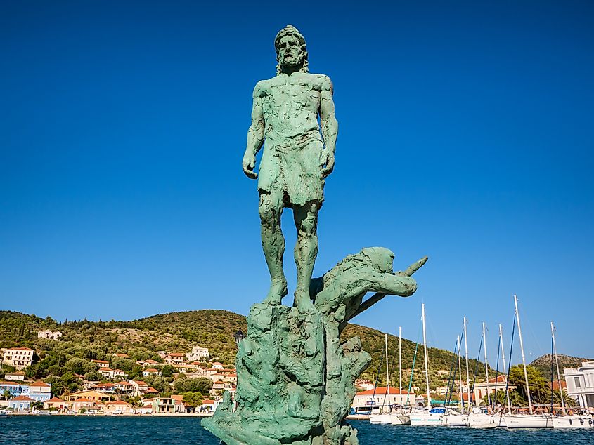 The statue of Odysseus made from bronze at the port of Ithaca island,