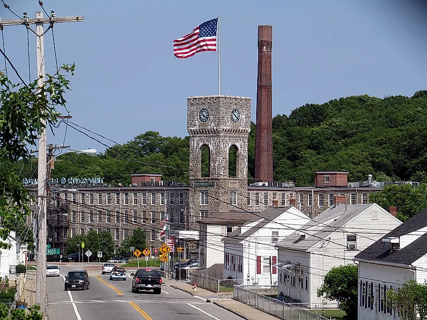 Looking down East Main Street in West Warwick, Rhode Island from the Washington Secondary Trail to the Royal Mills, now an apartment complex.
