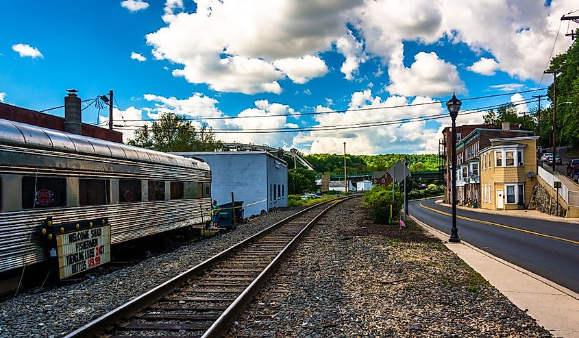 Railroad tracks and Main Street in Phillipsburg, New Jersey.