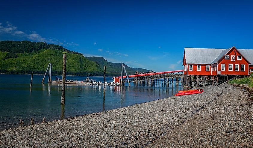 Red Boat house and dock at the Icy Strait Point, Alaska