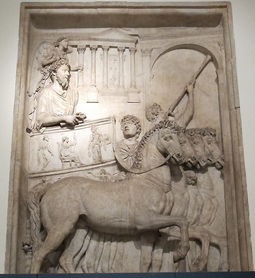 Marcus Aurelius celebrating his Roman triumph in 176 AD over the enemies of the Marcomannic Wars, from his now destroyed triumphal arch in Rome, Capitoline Museum