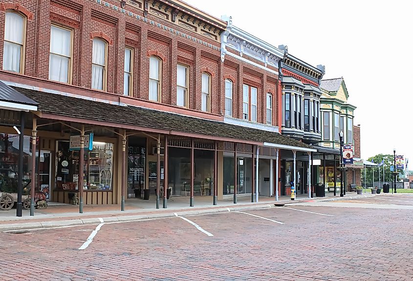 Fort Scott, Kansas United States: a brick historic building on a cobblestone street