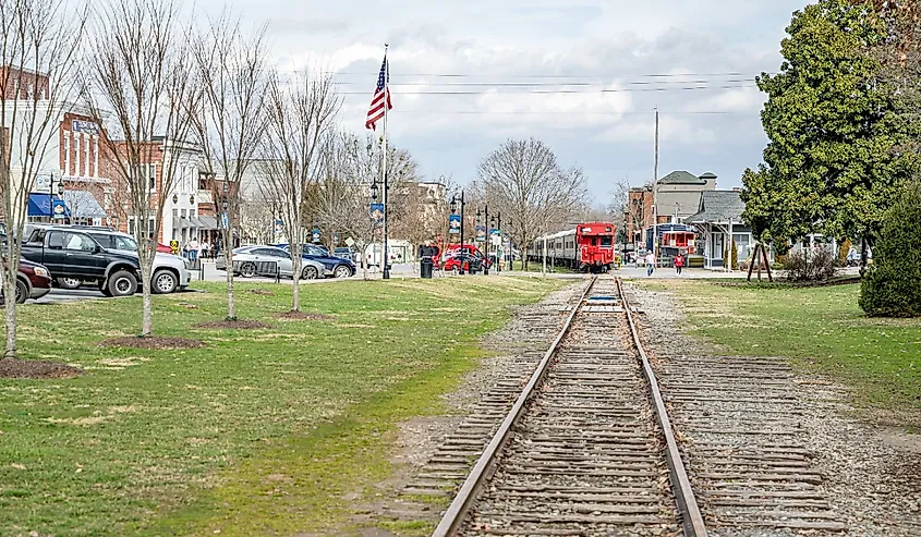 Train track and a view of the downtown in Blue Ridge, Georgia