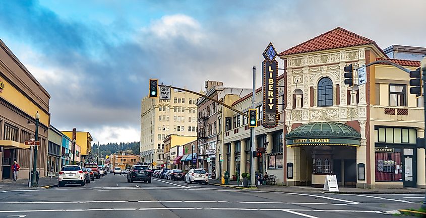 Astoria, Oregon: The Liberty Theater and downtown area.