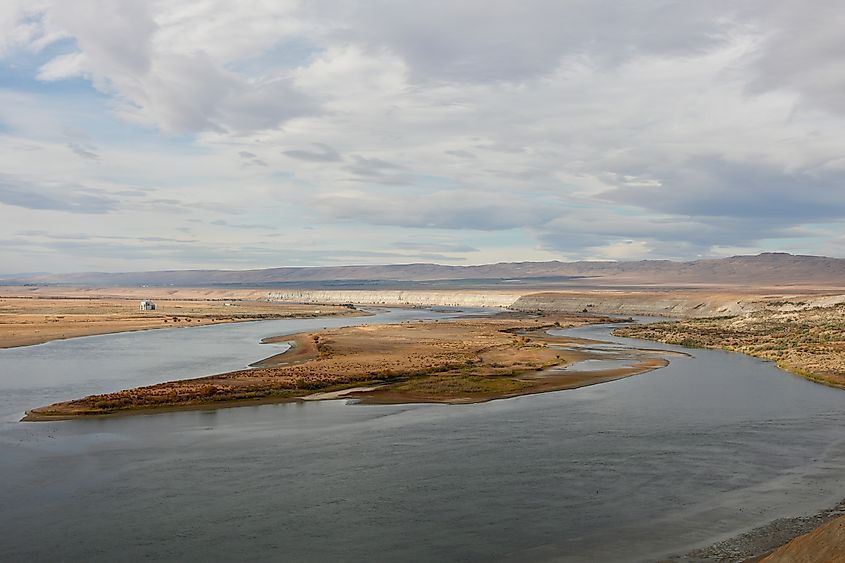 Columbia River bend near Priest Rapids Dam in Grant County, Washington.