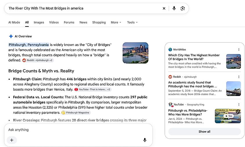 A Google search result showing Pittsburgh as the city with the most bridges.