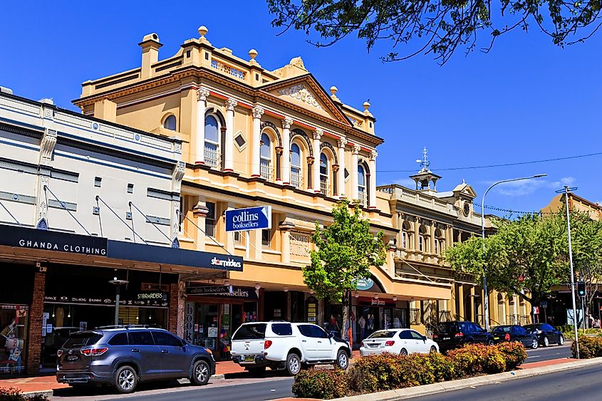 Central shopping street in Orange town of Australian Central West plains, NSW. 