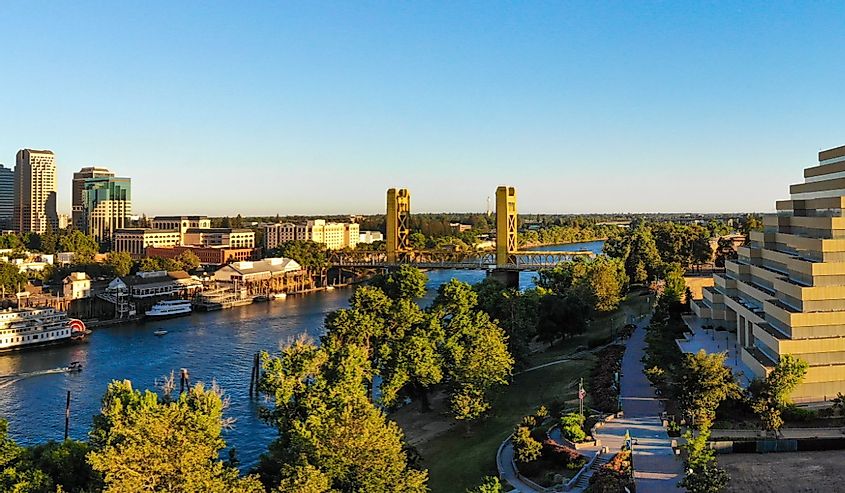 Panoramic Aerial View of Sacramento Downtown, river and tower bridge.