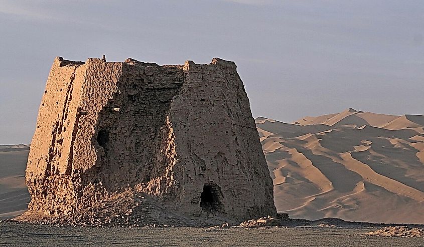 The ruins of the ancient Chinese Dunhuang watchtower from the Han Dynasty, in Dunhuang, Gansu province, China.