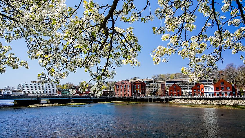 View from the Westport bridge overlooking the Saugatuck River and nearby architecture on a beautiful spring day. Editorial credit: Miro Vrlik Photography / Shutterstock.com