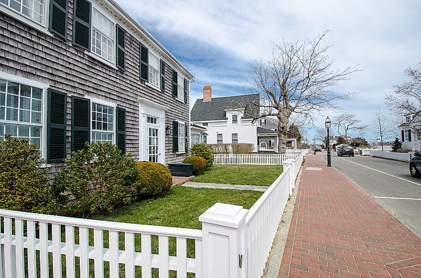 Typical homes on Martha's Vineyard, known for their unique architecture and brick sidewalks
