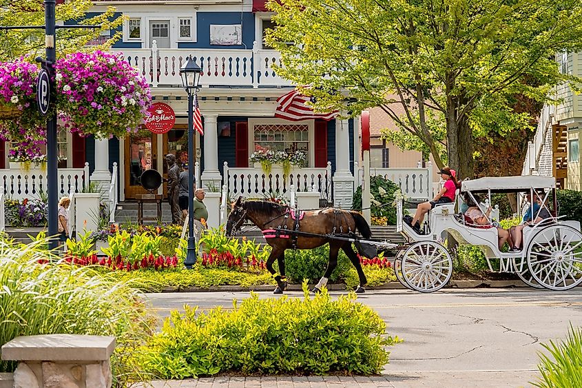 A horse drawn carriage transports tourists in downtown Frankenmuth, Michigan. Editorial credit: arthurgphotography / Shutterstock.com