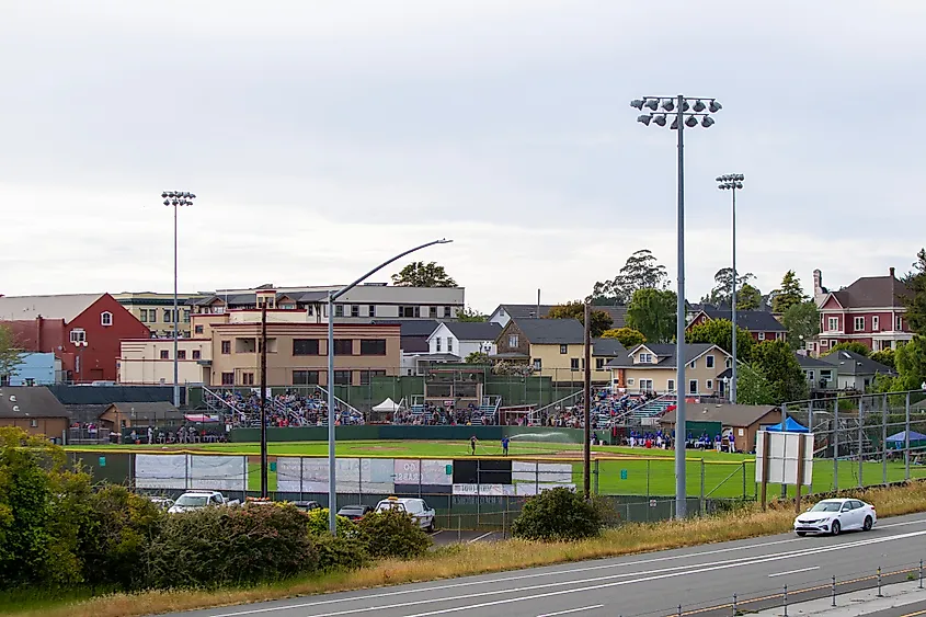 Historic Arcata Ball Park with southbound Highway 101 passing just beyond the outfield wall in Arcata, California.