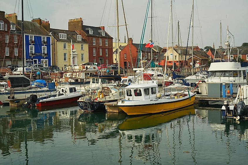 A color photograph taken at Arbroath harbor showing leisure boats and a row of colourful houses. Via Shutterstock / Kathphotos