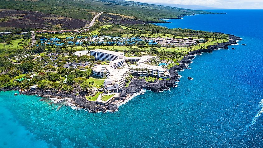 Resort and vacation homes in Kailua-Kona, Hawaii, as visible from the air.