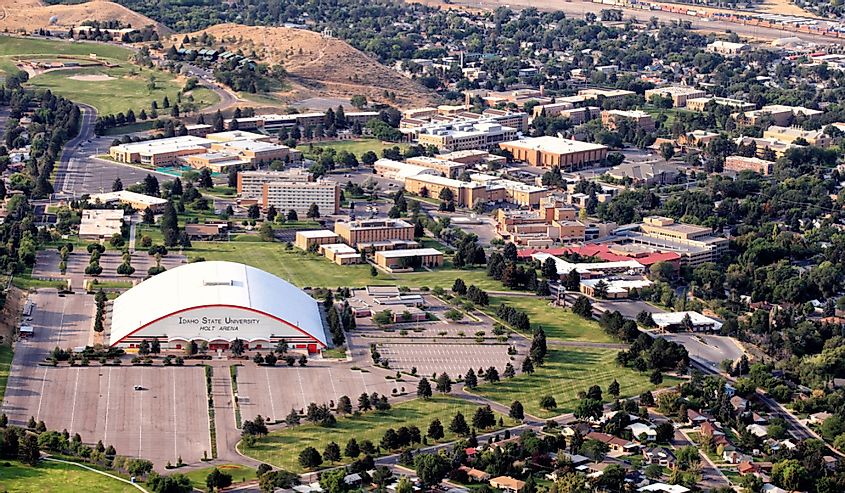 A sumer time aerial view of the Holt Arena, and other buildings that make up the campus of Idaho State University.