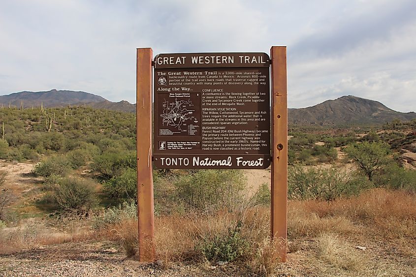 Great Western Trail Trailhead sign at Tonto National Forest. Editorial credit: DCA88 / Shutterstock.com