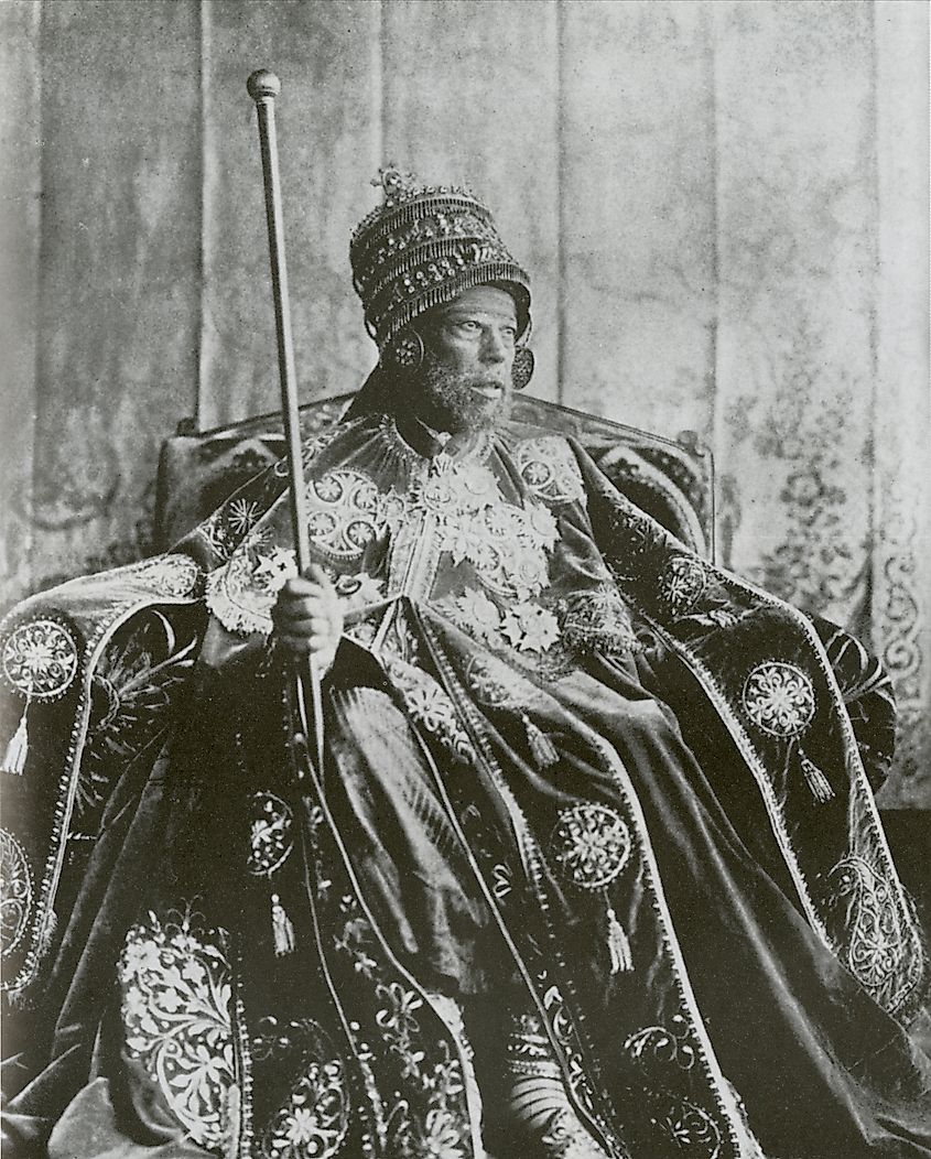 Photograph of Emperor Menelik II on the throne in coronation garb