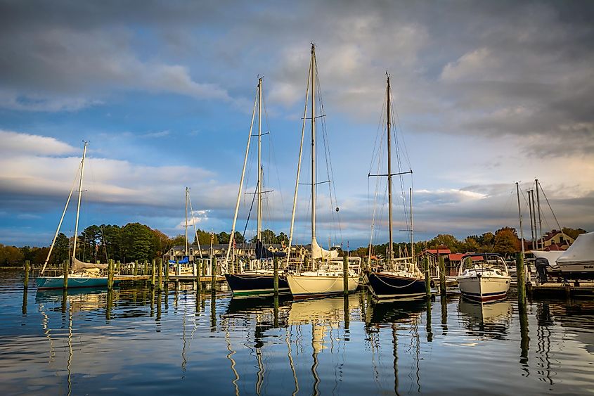 Boats docked in the harbor, in St. Michaels, Maryland.