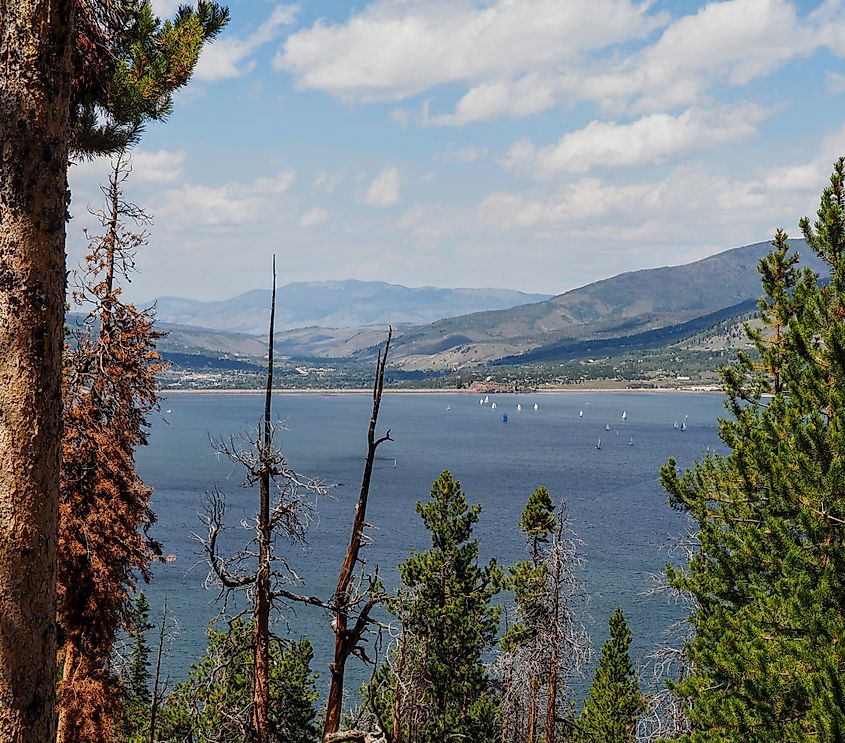 Dillon Reservoir, Dillon, Colorado, showing boating and Dillon Dam