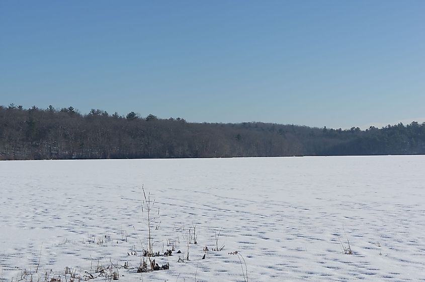 The frozen Ponkapoag pond in Blue Hills Reservation.