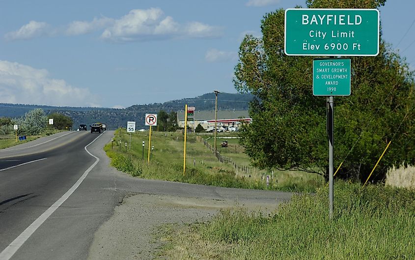 Sign: Bayfield City Limits, Elev. 6900 ft, Bayfield, Colorado, via Edward H. Campbell / Shutterstock.com