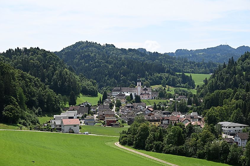 Panoramic view over Fischingen Monastery in Thurgau, Switzerland.