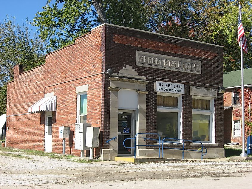 Front view of the post office in Merom, Indiana