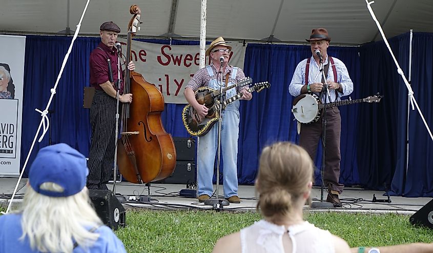 A trio of bluegrass musicians performing at the Missouri State Fair.