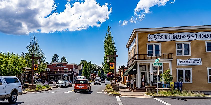 A view of the main street in downtown Sisters, Oregon.