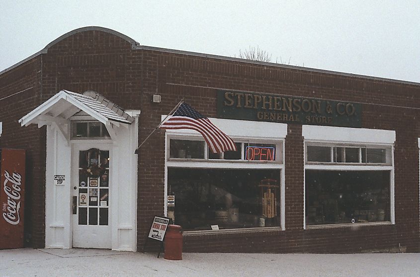 Stephenson's General Store, a one-story brick commercial building in Leavenworth, Crawford County, Indiana