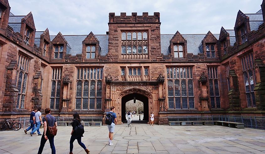 Princeton University, a private Ivy League research university in New Jersey, with beautiful gothic building and students around