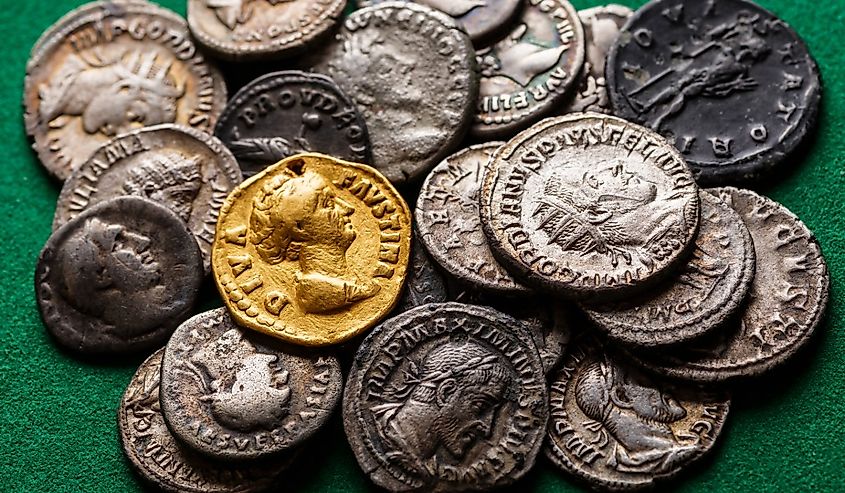A treasure of Roman gold and silver coins.