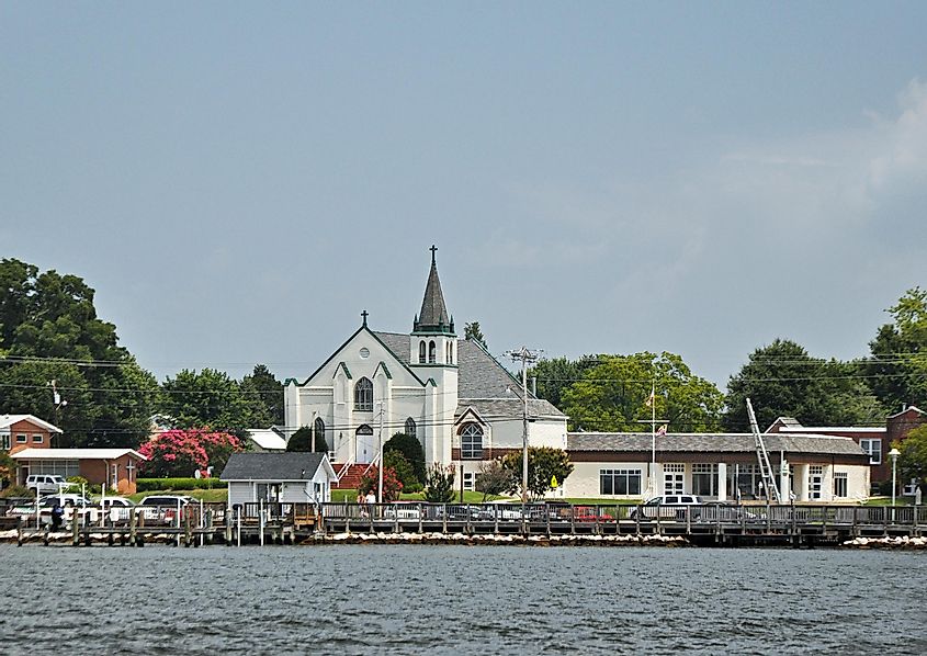 The waterfront buildings at the port of Solomon Island in Maryland.