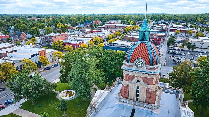 Aerial view of the historic Elkhart Courthouse and downtown area in Goshen, Indiana.
