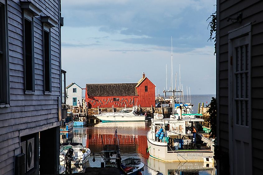 A view of Rockport Harbor and the red building known as Motif Number One
