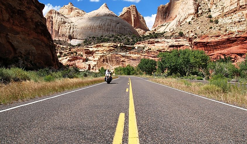 Motorcycle Rider on Highway 12 in Capitol Reef National Park