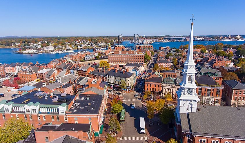 Portsmouth historic downtown aerial view at Market Square with historic buildings and North Church on Congress Street in city of Portsmouth, New Hampshire