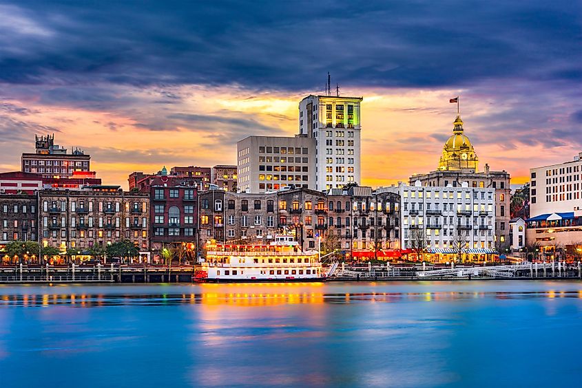 Savannah, Georgia, skyline on the Savannah River at dusk