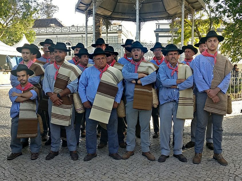 Ganhoes de Castro Verde, a traditional vocal male group from Alentejo, Portugal sings on a food fair festival.