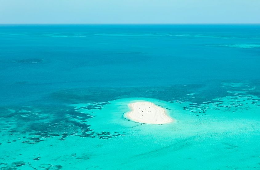 Aerial view of coral reefs between Key West and Dry Tortugas in the Florida Straits.
