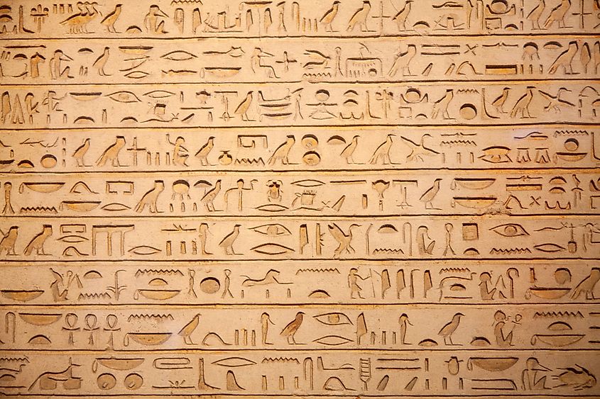 Egyptian hieroglyphs on a wall.