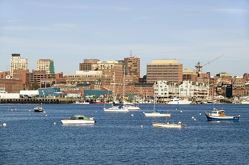 View of Portland Harbor boats with South Portland skyline