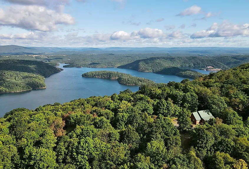 Aerial view of Raystown Lake and trees, Huntingdon, Pennsylvania.