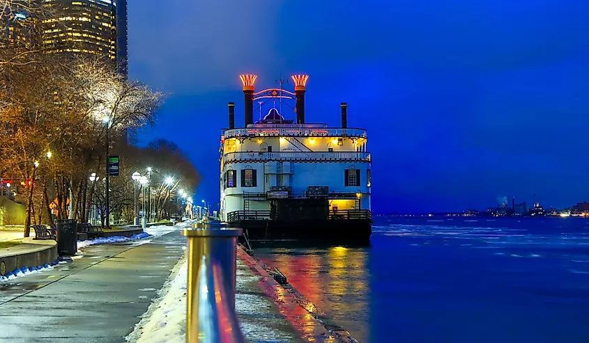 Detroit Princess, a tourist boat is docked at the Riverwalk of downtown Detroit 
