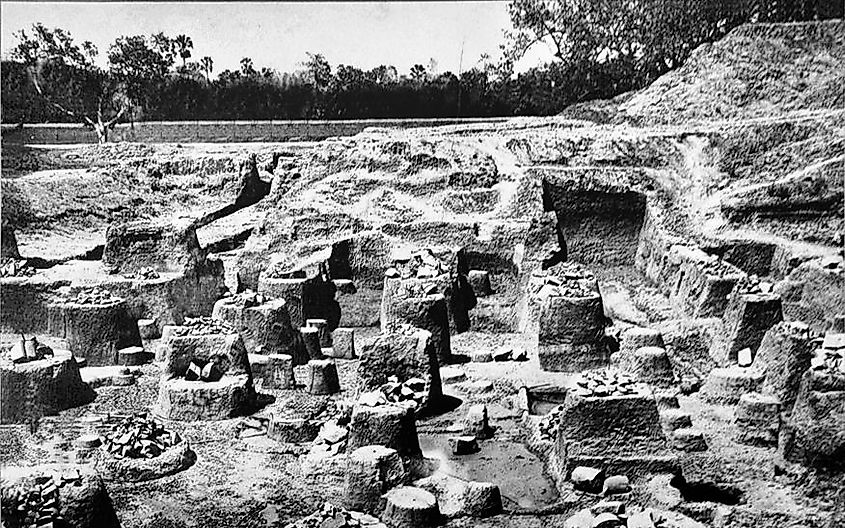 Ruins of the pillared hall at Pataliputra, a city known for its immense buildings, walls, and towers.