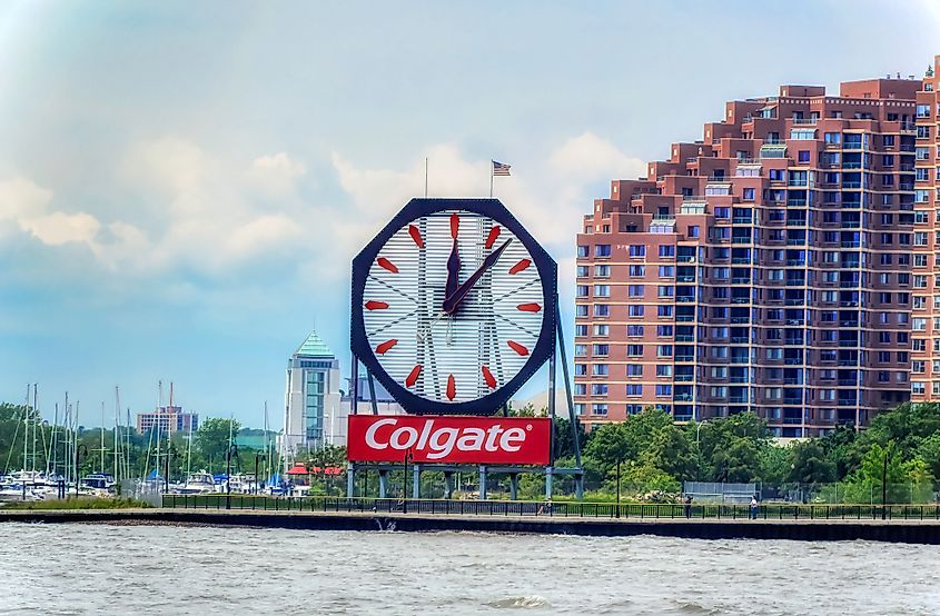 New Jersey, USA, May 28 2017: The Colgate Clock facing the Hudson River in New Jersey, USA.