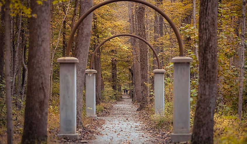 The arched walkway of Rose Island, an abandoned amusement park in Charlestown, Indiana.