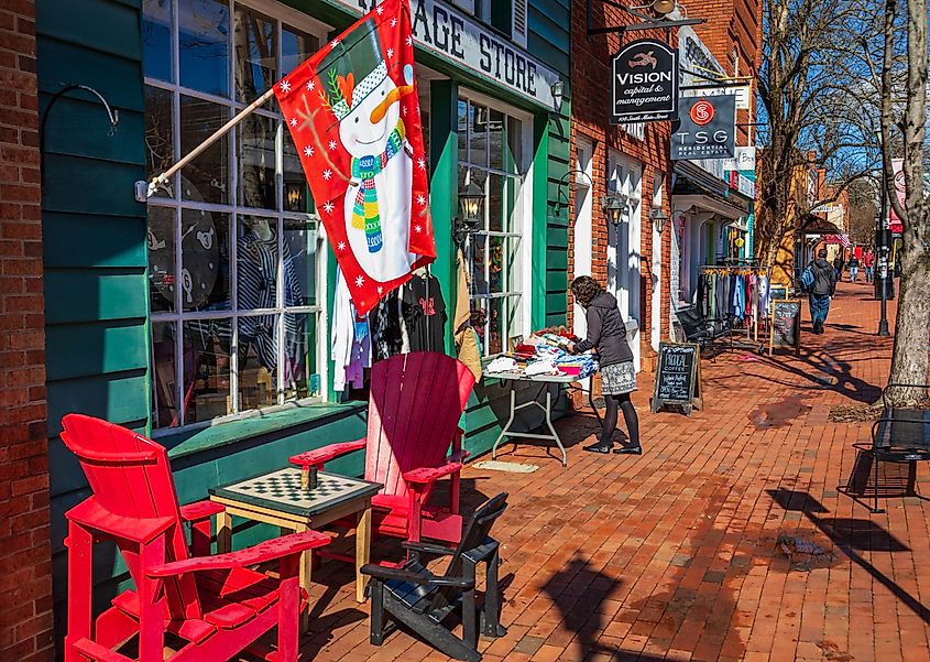  A view of colorful downtown Main Street shops in Davidson, North Carolina. Editorial credit: J. Michael Jones / Shutterstock.com.